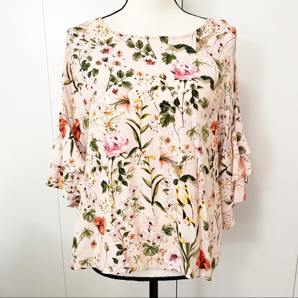 Light Pink Floral Ruffle Sleeve Blouse Size Large